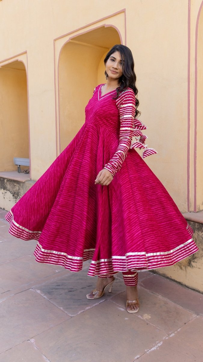 PINK LEHERIYA COTTON ANARKALI SET - Pomcha Jaipur