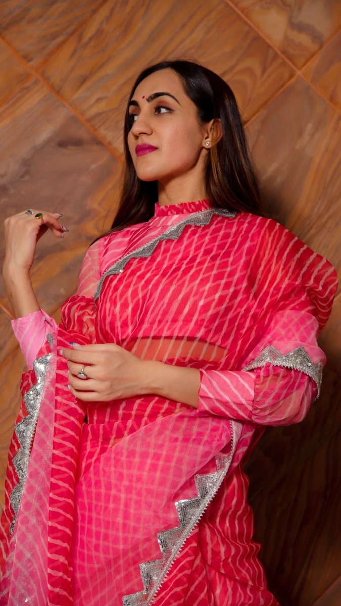 PINK LEHERIYA ORGANZA SAREE - Pomcha Jaipur