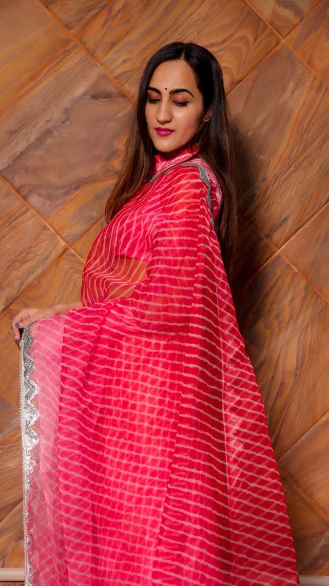 PINK LEHERIYA ORGANZA SAREE - Pomcha Jaipur