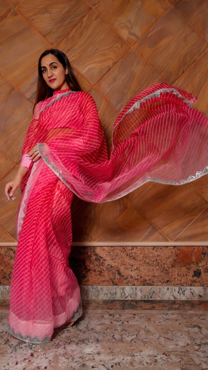 PINK LEHERIYA ORGANZA SAREE - Pomcha Jaipur
