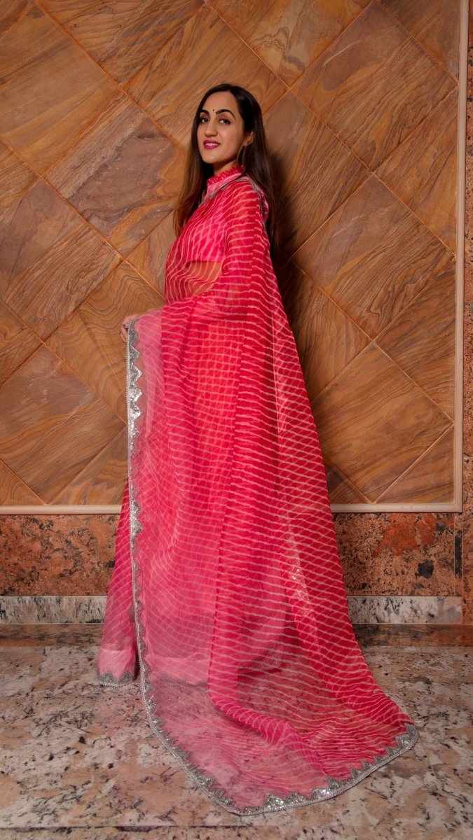 PINK LEHERIYA ORGANZA SAREE - Pomcha Jaipur