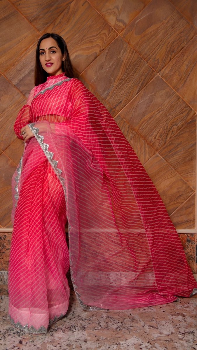PINK LEHERIYA ORGANZA SAREE - Pomcha Jaipur