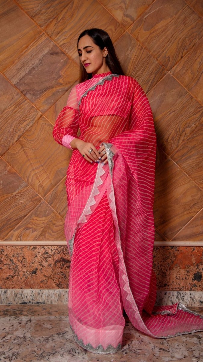 PINK LEHERIYA ORGANZA SAREE - Pomcha Jaipur