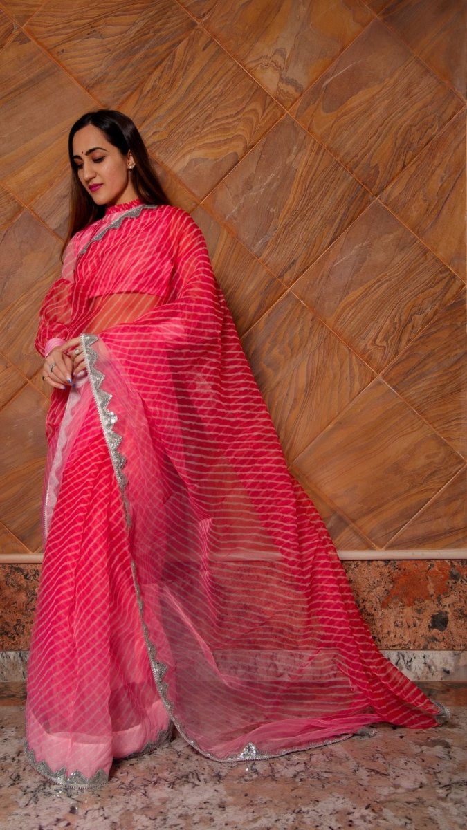 PINK LEHERIYA ORGANZA SAREE - Pomcha Jaipur