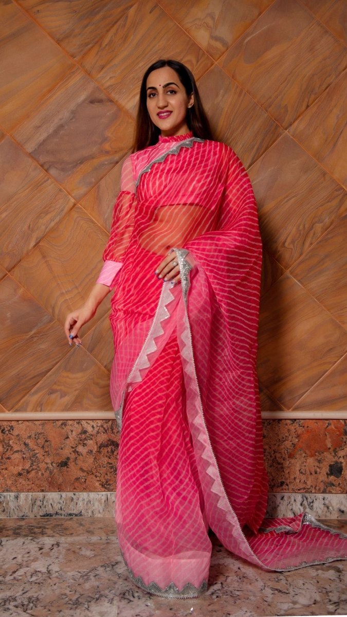PINK LEHERIYA ORGANZA SAREE - Pomcha Jaipur