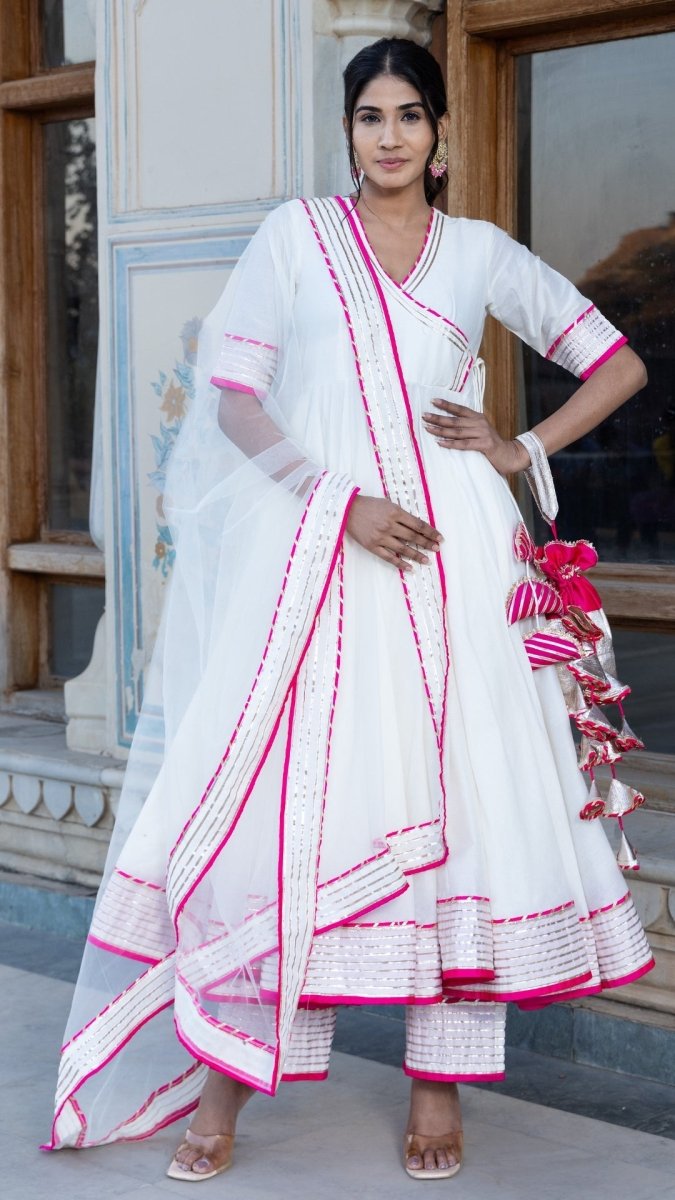PINK LILLY OFF WHITE COTTON SILK ANGRAKHA SET - Pomcha Jaipur