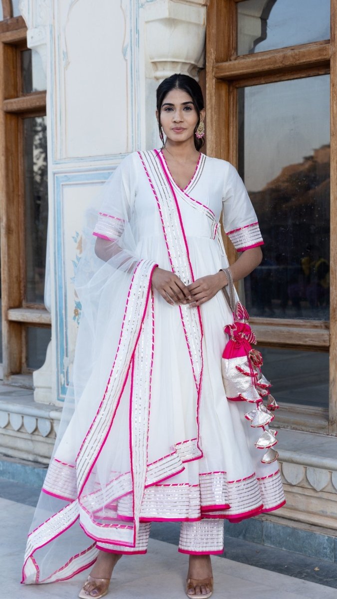 PINK LILLY OFF WHITE COTTON SILK ANGRAKHA SET - Pomcha Jaipur