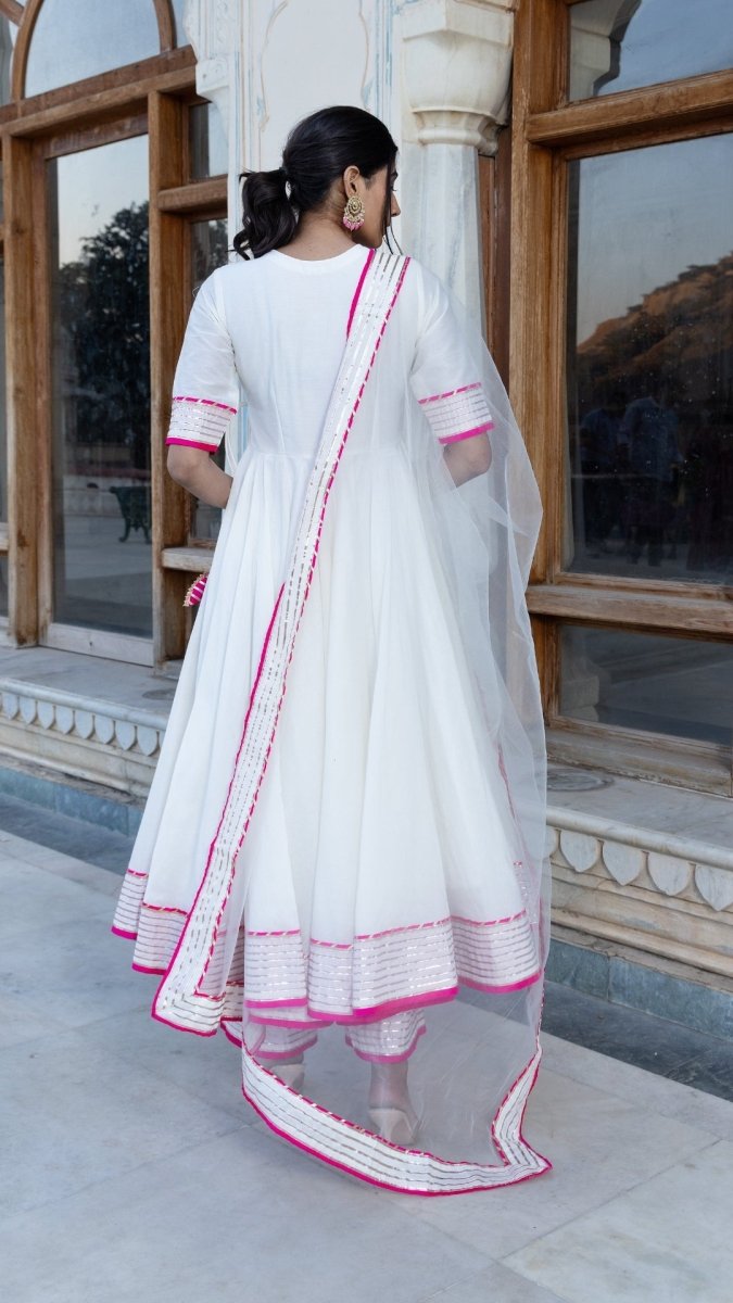 PINK LILLY OFF WHITE COTTON SILK ANGRAKHA SET - Pomcha Jaipur