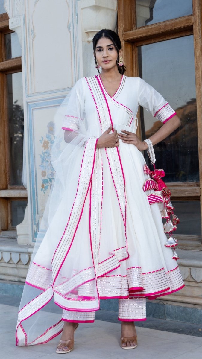 PINK LILLY OFF WHITE COTTON SILK ANGRAKHA SET - Pomcha Jaipur