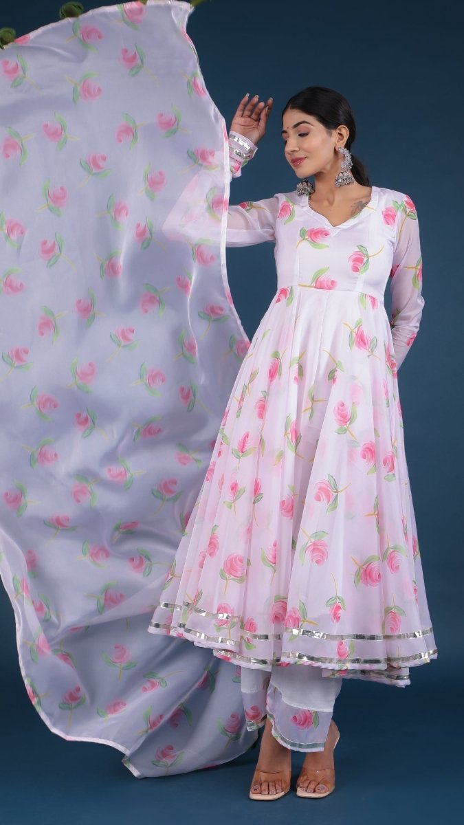 PINK LILY WHITE ORGANZA ANARKALI SET - Pomcha Jaipur