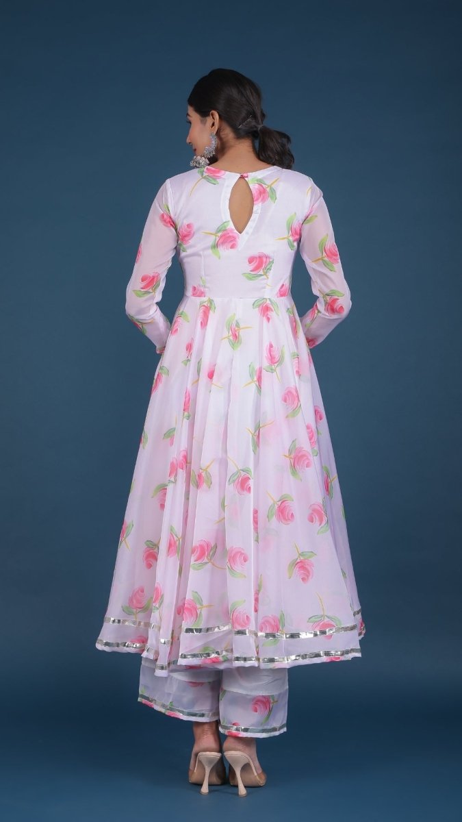 PINK LILY WHITE ORGANZA ANARKALI SET - Pomcha Jaipur