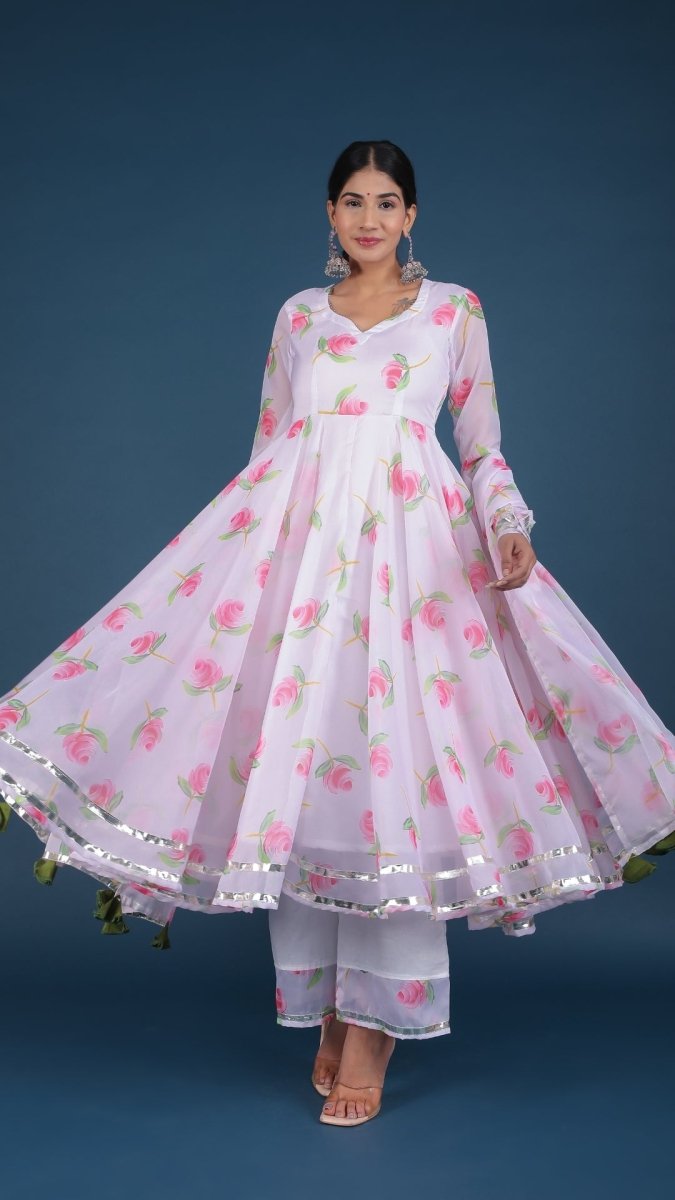 PINK LILY WHITE ORGANZA ANARKALI SET - Pomcha Jaipur