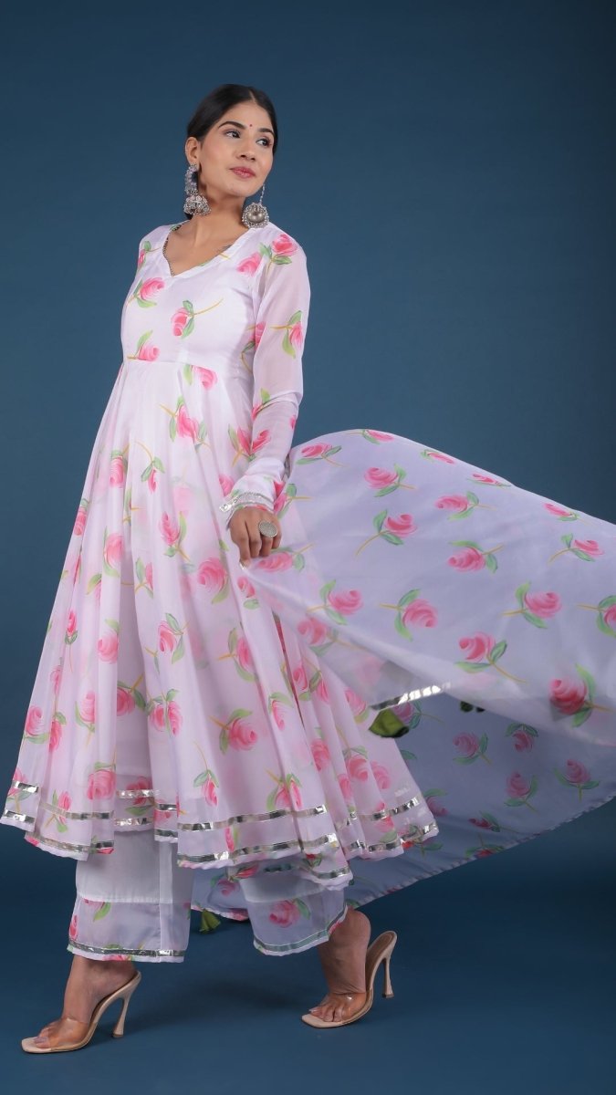 PINK LILY WHITE ORGANZA ANARKALI SET - Pomcha Jaipur
