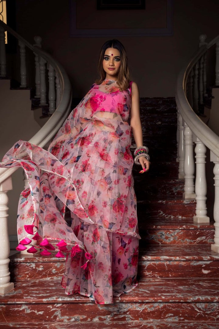PINK LOTUS ORGANZA SAREE - Pomcha Jaipur