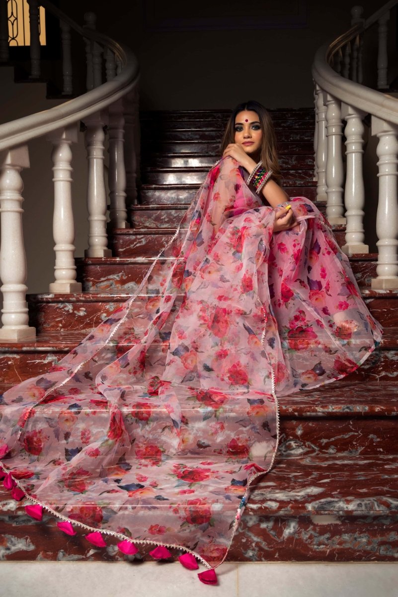 PINK LOTUS ORGANZA SAREE - Pomcha Jaipur