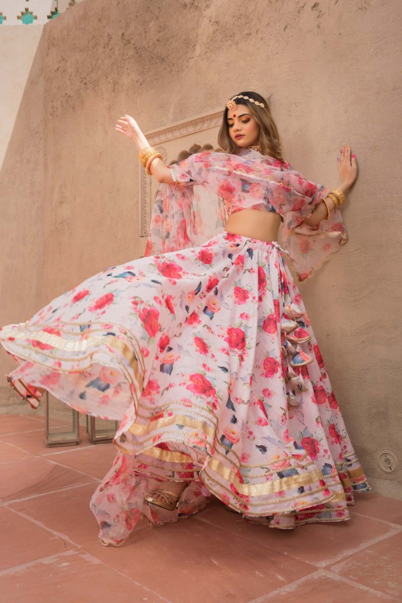 PINK PEONY lace work MODAL chanderi silk LEHENGA with digital print organza dupatta SET - Pomcha Jaipur