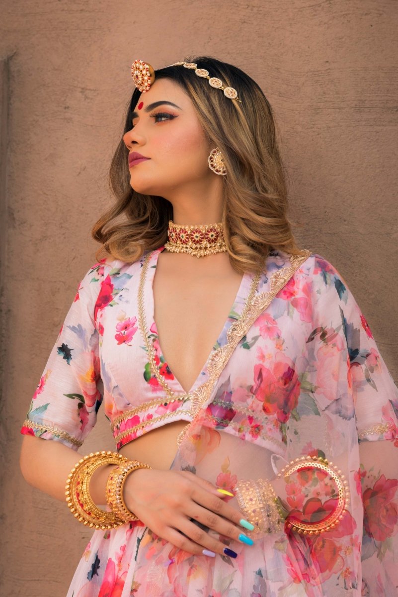 PINK PEONY lace work MODAL chanderi silk LEHENGA with digital print organza dupatta SET - Pomcha Jaipur