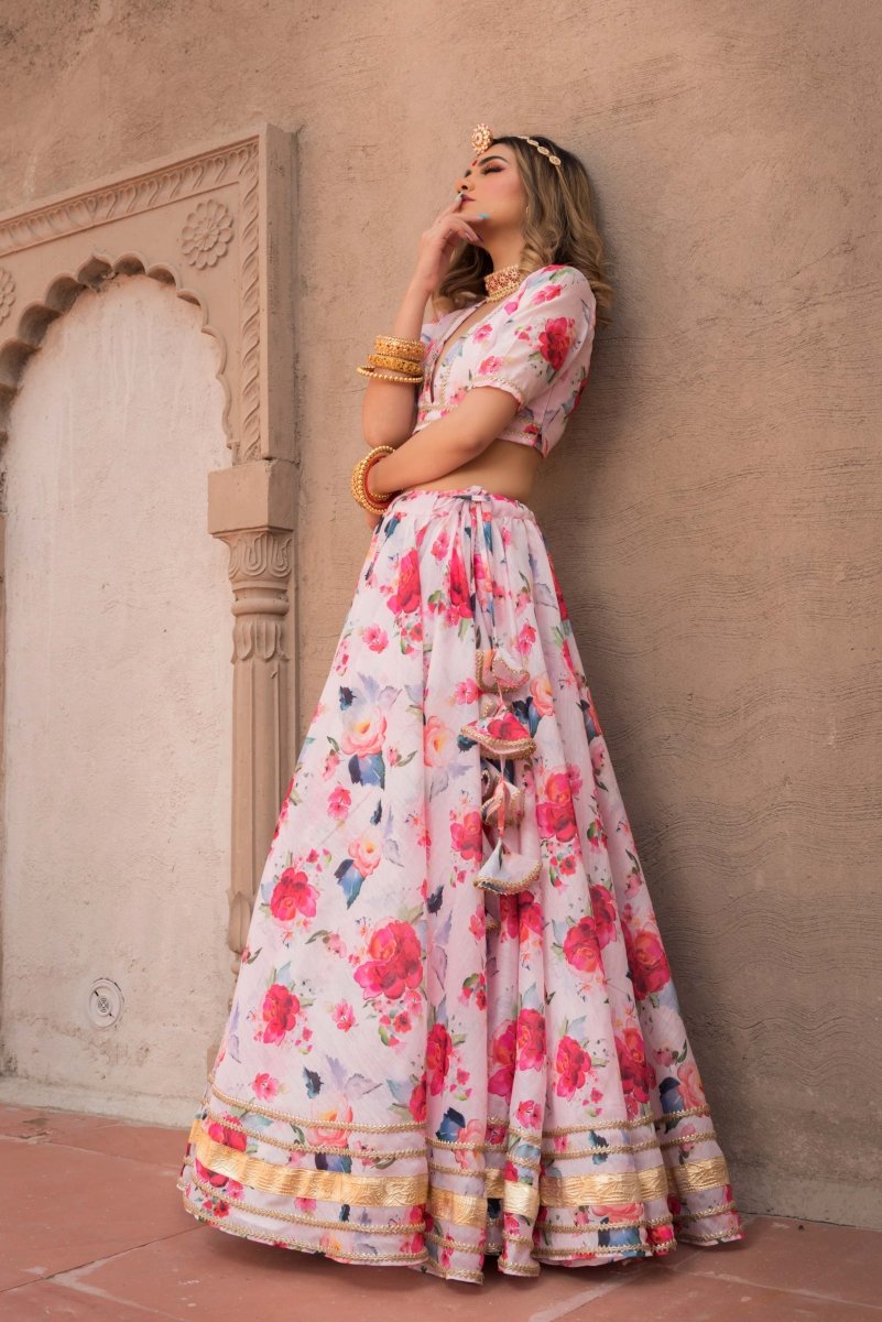 PINK PEONY lace work MODAL chanderi silk LEHENGA with digital print organza dupatta SET - Pomcha Jaipur