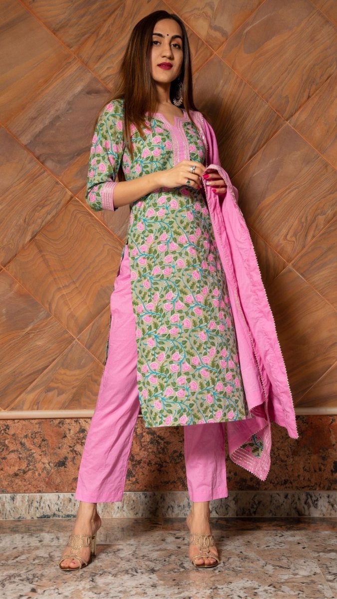 PINK PHOOL HAND BLOCK COTTON KURTA SET - Pomcha Jaipur