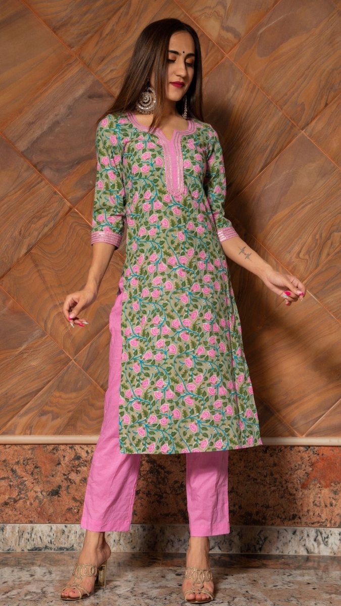 PINK PHOOL HAND BLOCK COTTON KURTA SET - Pomcha Jaipur