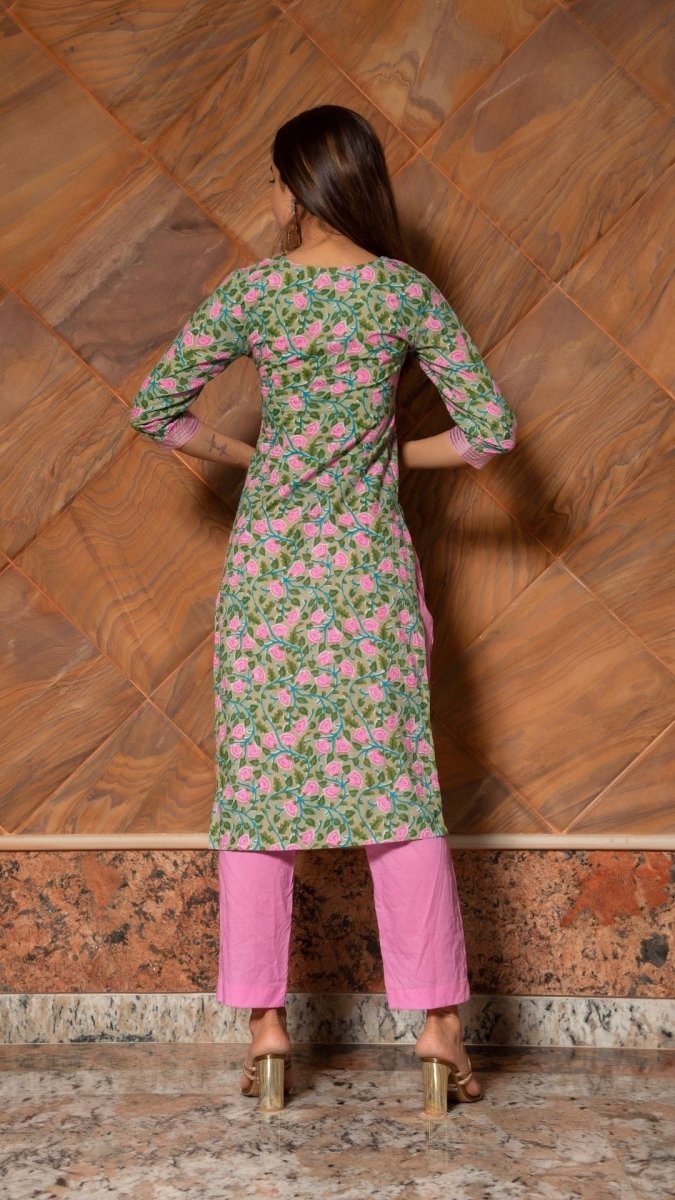 PINK PHOOL HAND BLOCK COTTON KURTA SET - Pomcha Jaipur