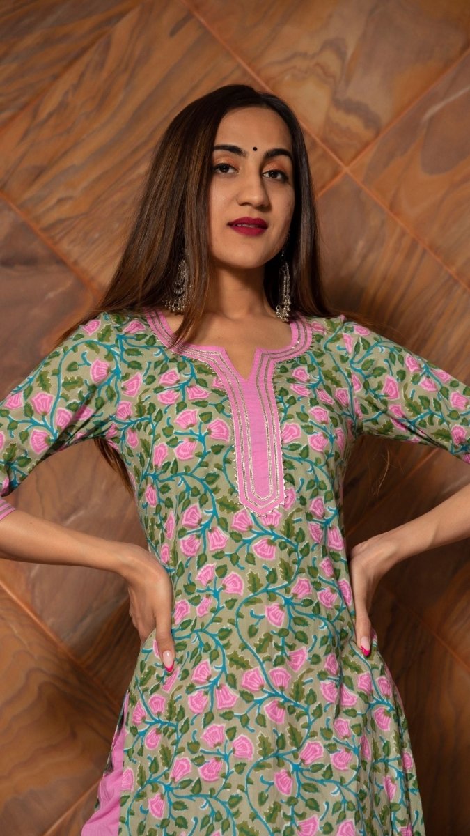 PINK PHOOL HAND BLOCK COTTON KURTA SET - Pomcha Jaipur
