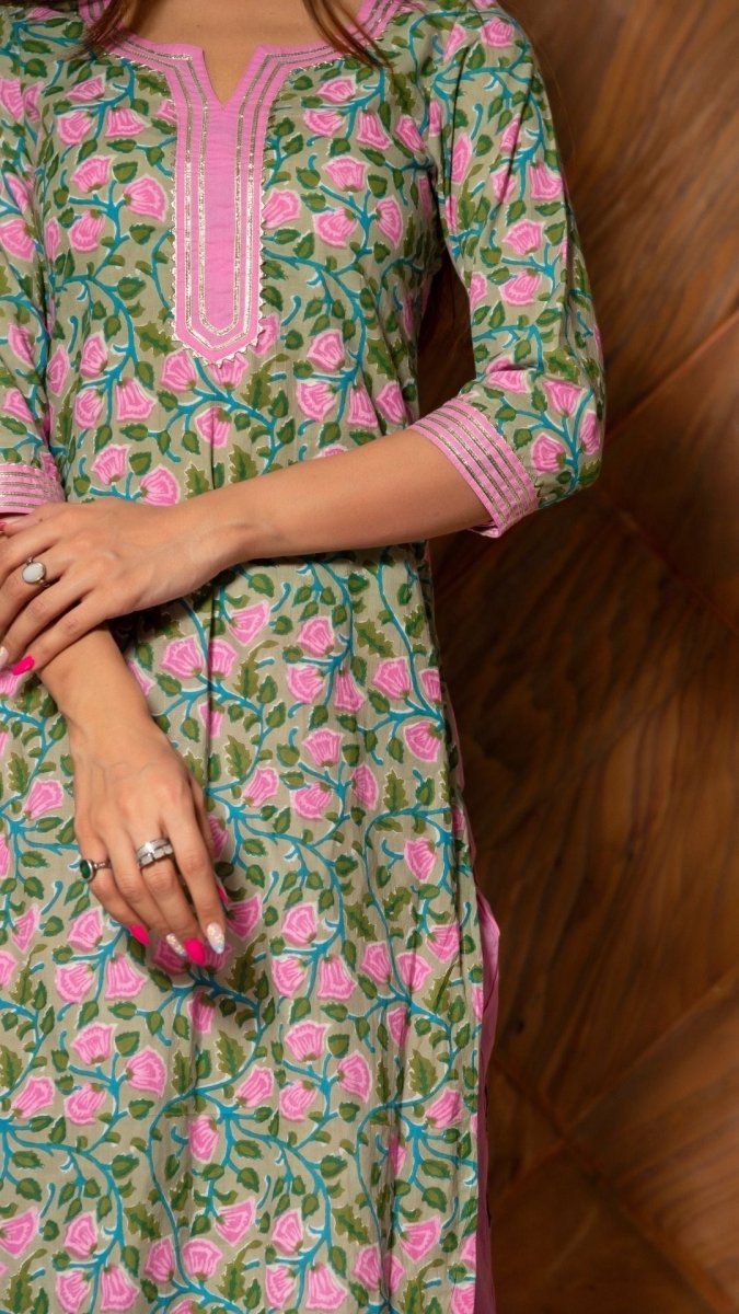PINK PHOOL HAND BLOCK COTTON KURTA SET - Pomcha Jaipur