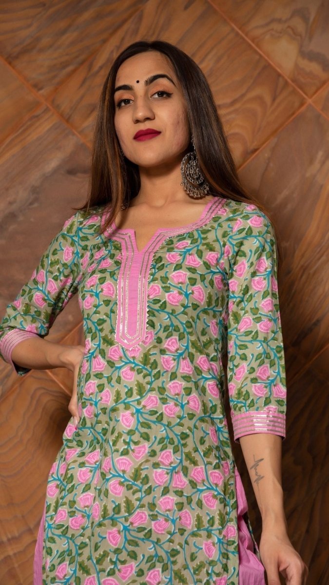 PINK PHOOL HAND BLOCK COTTON KURTA SET - Pomcha Jaipur