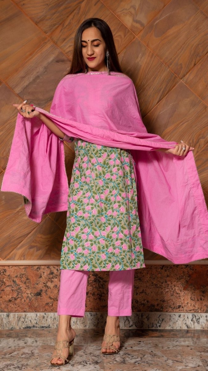 PINK PHOOL HAND BLOCK COTTON KURTA SET - Pomcha Jaipur