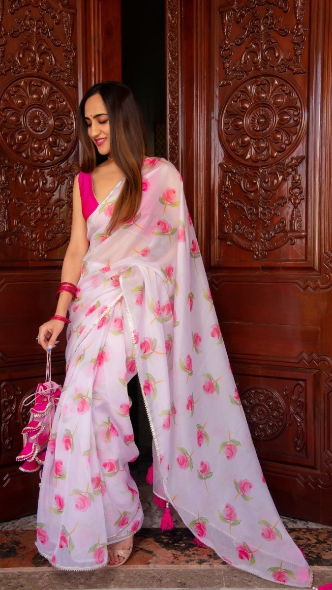 PINK ROSE ORGANZA SAREE - Pomcha Jaipur