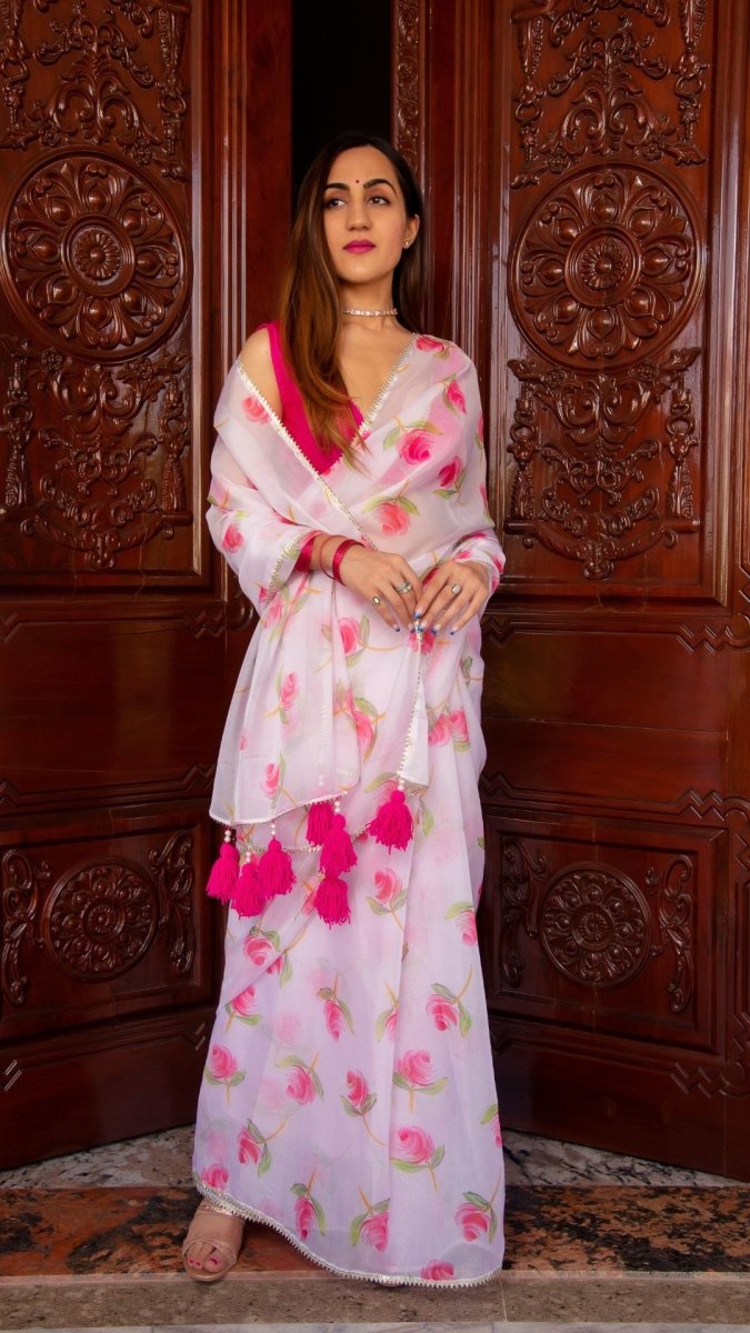 PINK ROSE ORGANZA SAREE - Pomcha Jaipur