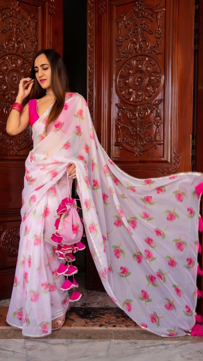 PINK ROSE ORGANZA SAREE - Pomcha Jaipur