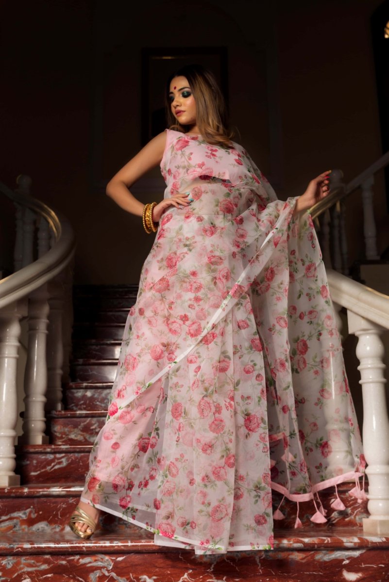PINK & WHITE ORGANZA SAREE - Pomcha Jaipur