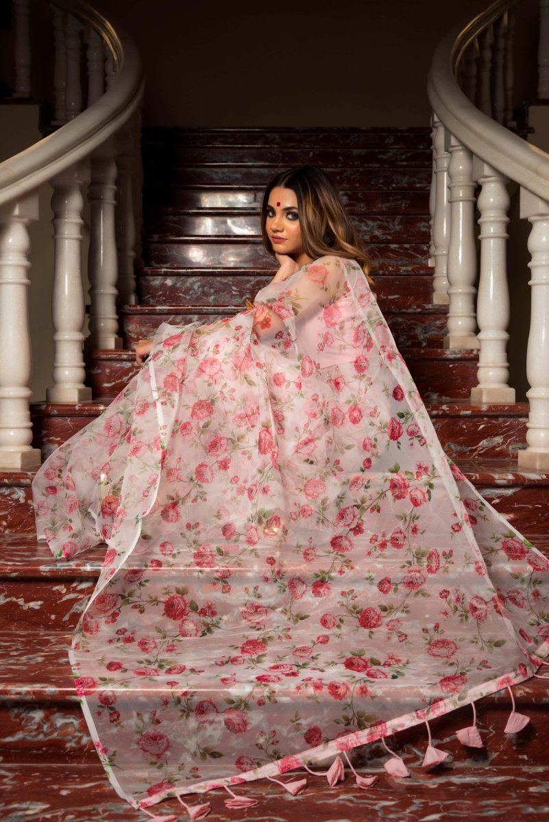 PINK & WHITE ORGANZA SAREE - Pomcha Jaipur