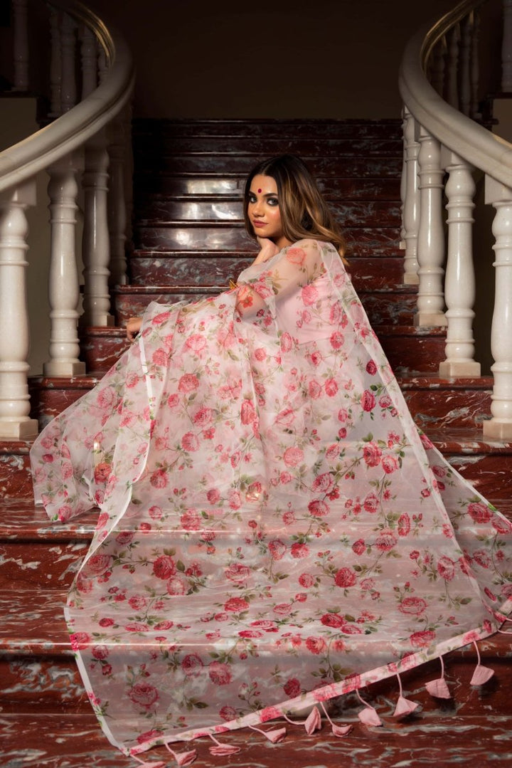PINK & WHITE ORGANZA SAREE - Pomcha Jaipur