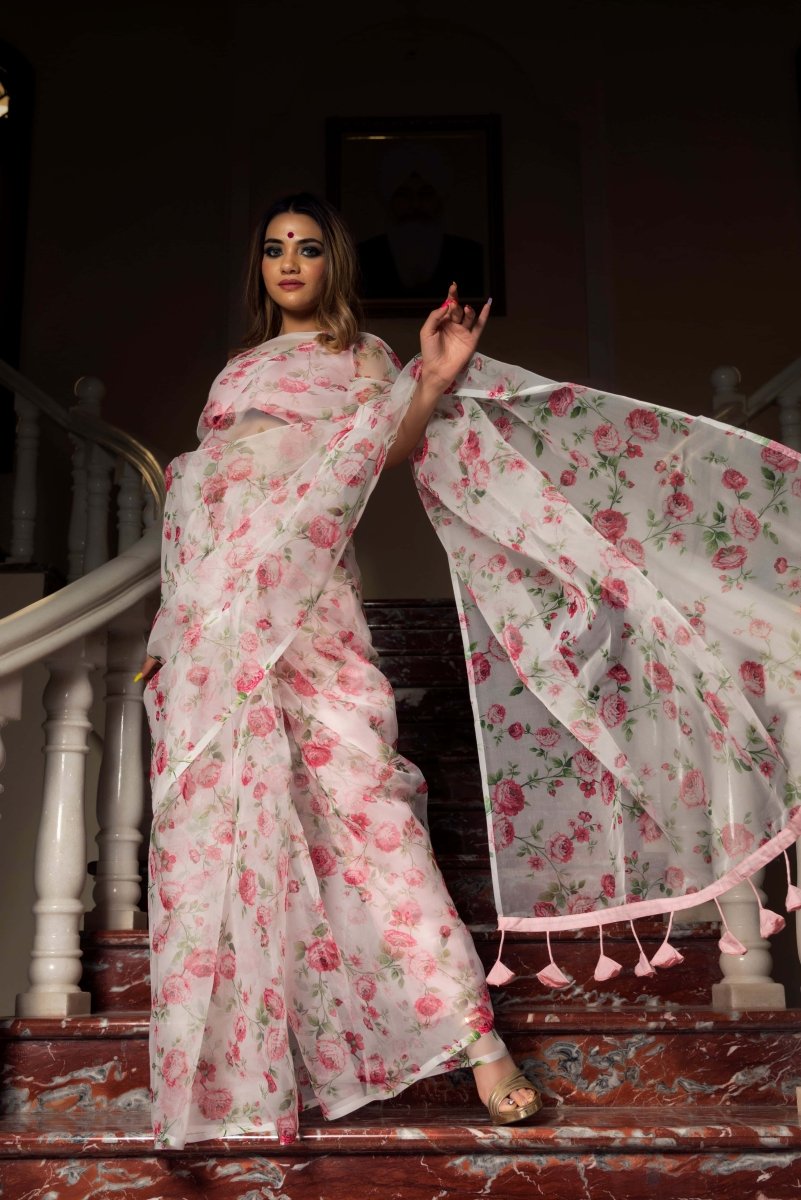 PINK & WHITE ORGANZA SAREE - Pomcha Jaipur