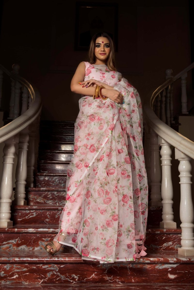 PINK & WHITE ORGANZA SAREE - Pomcha Jaipur