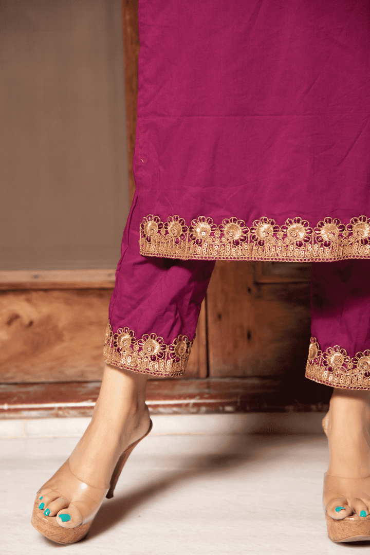 PLUM COTTON STRAIGHT KURTA SUIT SET WITH EMBROIDERY LACE SOFT NET DUPATTA - Pomcha Jaipur