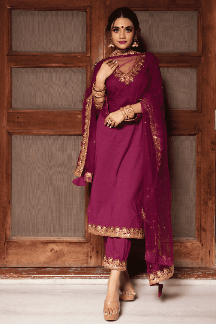 PLUM COTTON STRAIGHT KURTA SUIT SET WITH EMBROIDERY LACE SOFT NET DUPATTA - Pomcha Jaipur