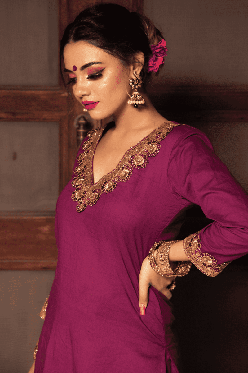 PLUM COTTON STRAIGHT KURTA SUIT SET WITH EMBROIDERY LACE SOFT NET DUPATTA - Pomcha Jaipur