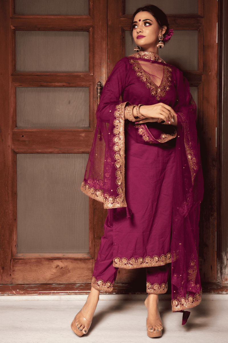 PLUM COTTON STRAIGHT KURTA SUIT SET WITH EMBROIDERY LACE SOFT NET DUPATTA - Pomcha Jaipur