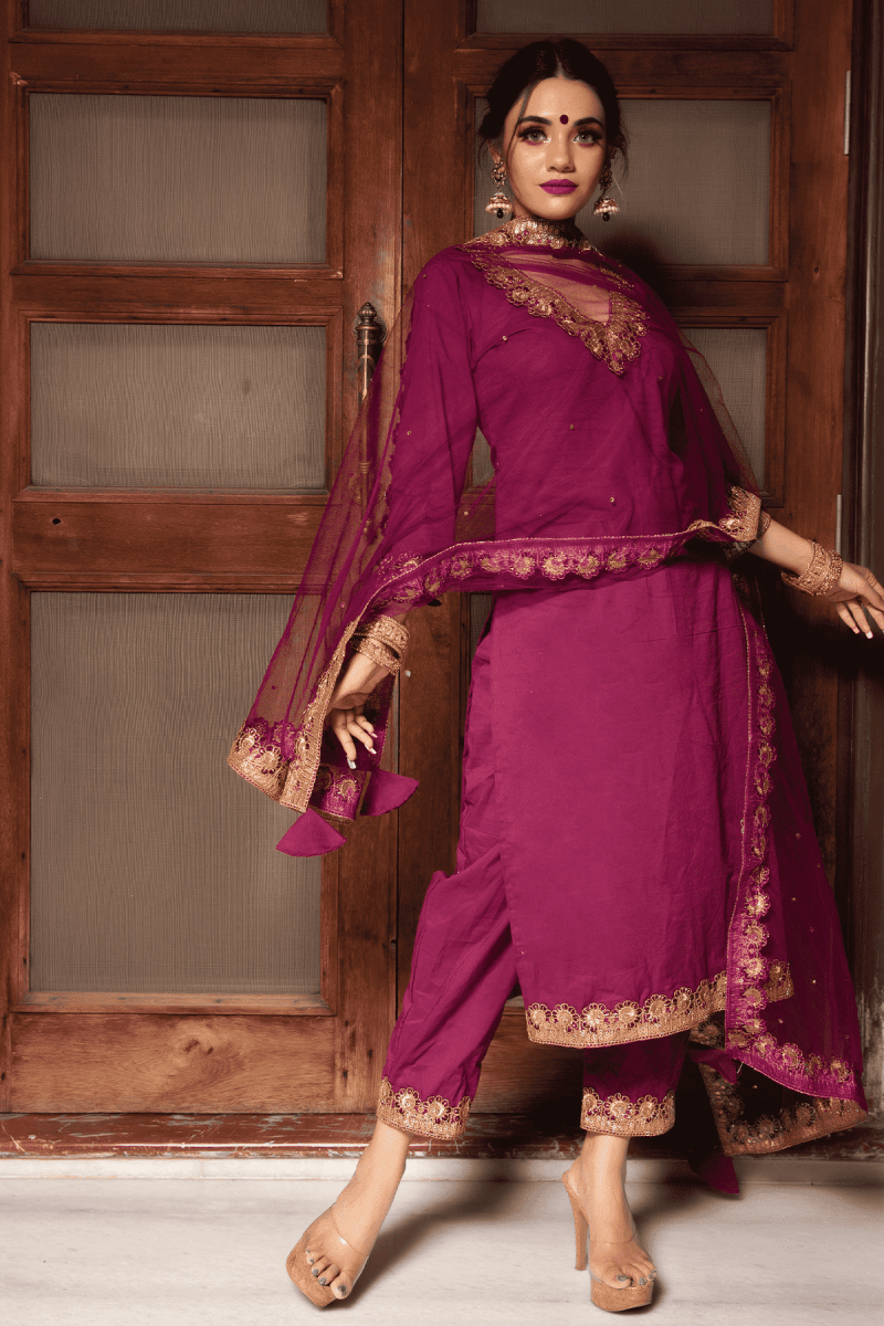 PLUM COTTON STRAIGHT KURTA SUIT SET WITH EMBROIDERY LACE SOFT NET DUPATTA - Pomcha Jaipur
