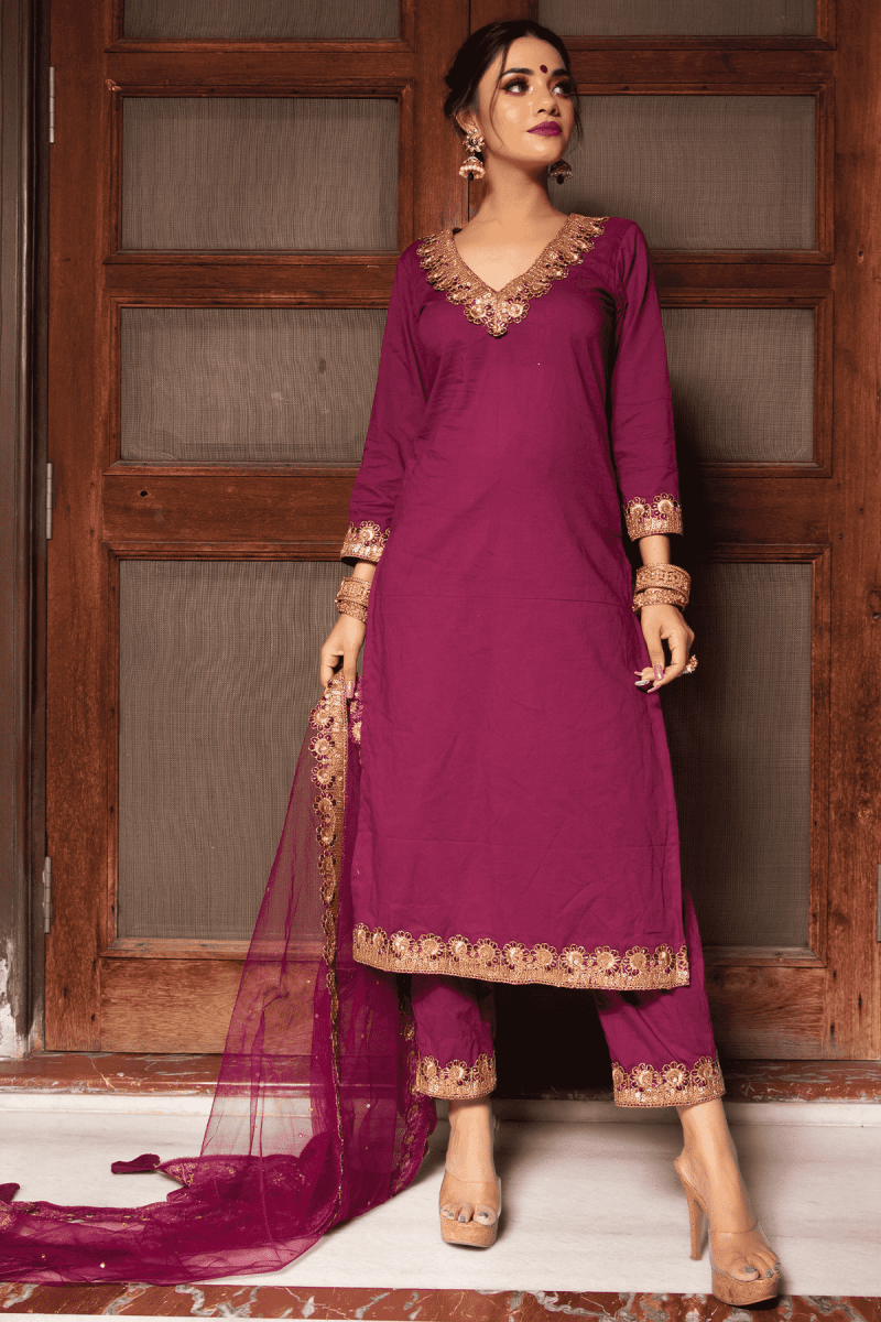 PLUM COTTON STRAIGHT KURTA SUIT SET WITH EMBROIDERY LACE SOFT NET DUPATTA - Pomcha Jaipur