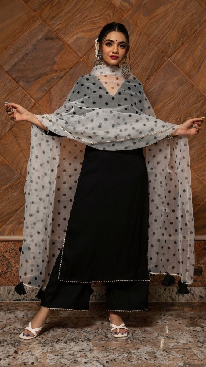 POLKA DOT BLACK RAYON KURTA SUIT SET WITH ORGANZA DUPATTA - Pomcha Jaipur
