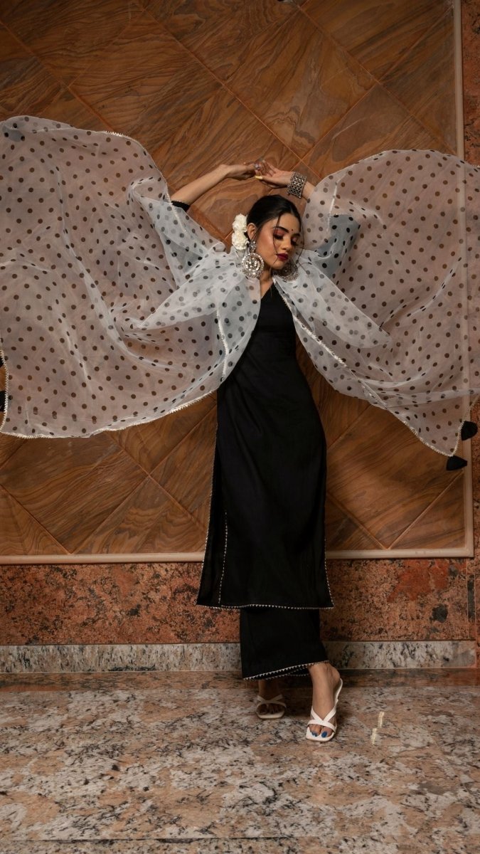 POLKA DOT BLACK RAYON KURTA SUIT SET WITH ORGANZA DUPATTA - Pomcha Jaipur