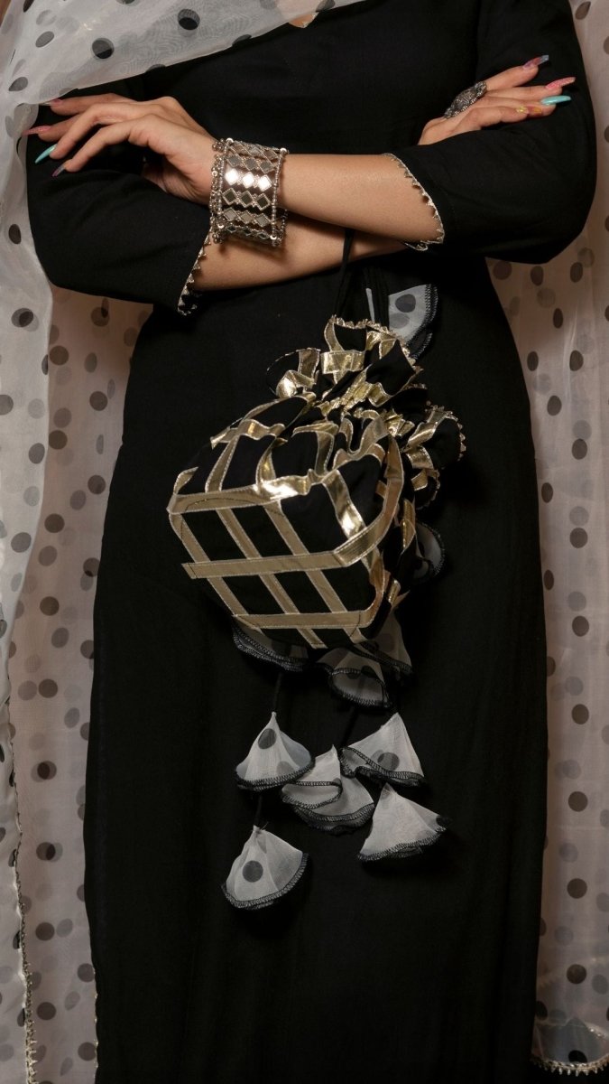 POLKA DOT BLACK RAYON KURTA SUIT SET WITH ORGANZA DUPATTA - Pomcha Jaipur