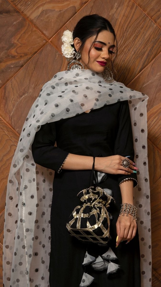 POLKA DOT BLACK RAYON KURTA SUIT SET WITH ORGANZA DUPATTA - Pomcha Jaipur