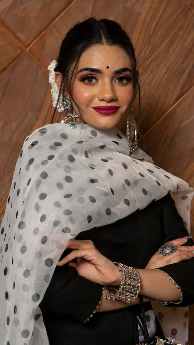 POLKA DOT BLACK RAYON KURTA SUIT SET WITH ORGANZA DUPATTA - Pomcha Jaipur