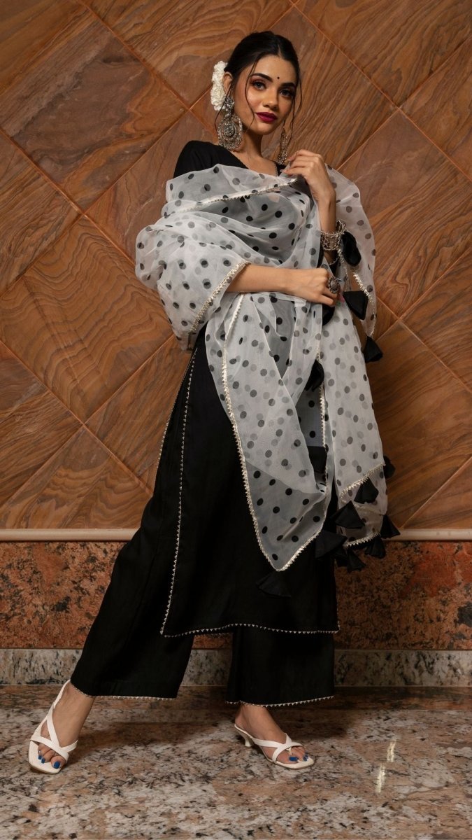 POLKA DOT BLACK RAYON KURTA SUIT SET WITH ORGANZA DUPATTA - Pomcha Jaipur