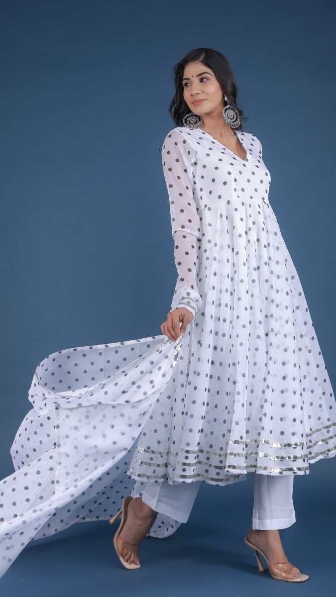 POLKA DOT WHITE ORGANZA ANARKALI SET WITH ORGANZA DUPATTA - Pomcha Jaipur